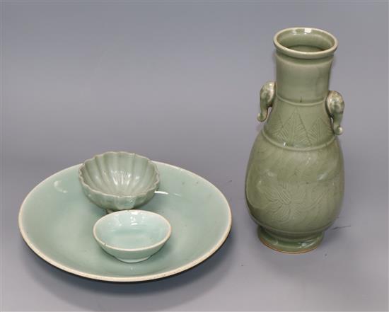 A Chinese celadon vase and three dishes tallest 24cm